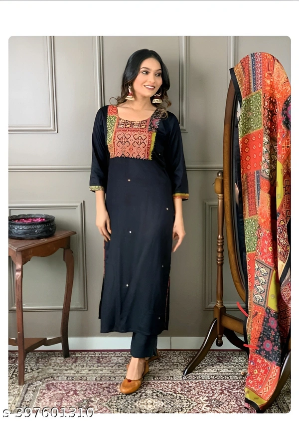 99 Fashion Bazaar Heavy Chinon Fabric Kurti Set with Printed Lace Dupatta - Black, XXL