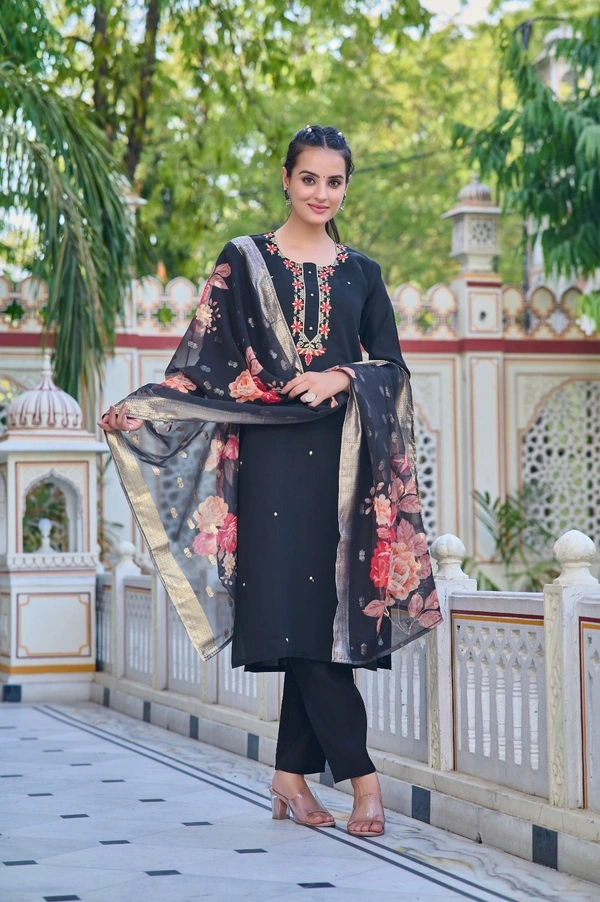 99 Fashion Bazaar Straight Kurti Set in Chanderi with Embroidery Neck Yoke and Printed Dupatta.  - Black, XL