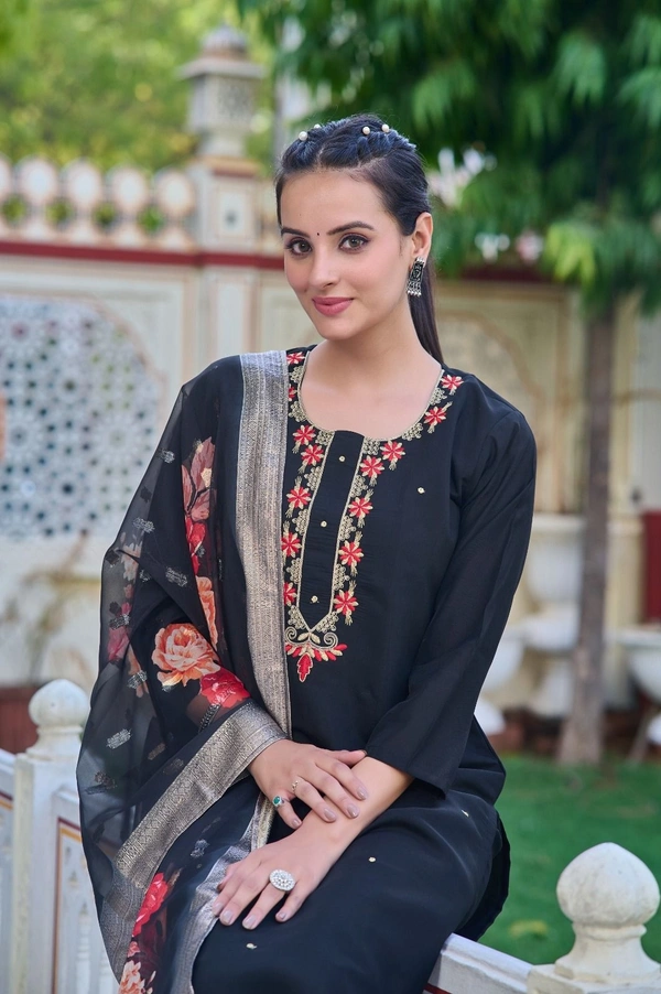 99 Fashion Bazaar Straight Kurti Set in Chanderi with Embroidery Neck Yoke and Printed Dupatta.  - Black, XL