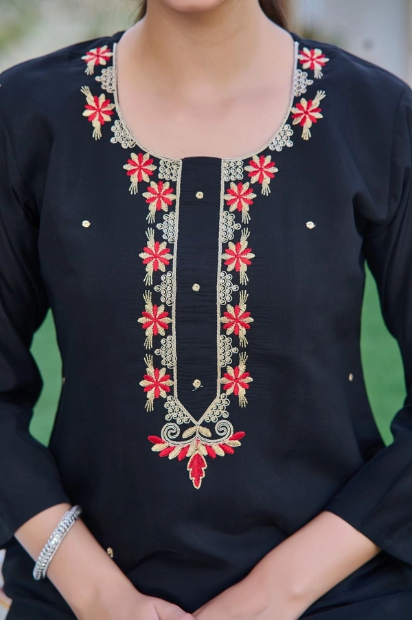 99 Fashion Bazaar Straight Kurti Set in Chanderi with Embroidery Neck Yoke and Printed Dupatta.  - Black, XL