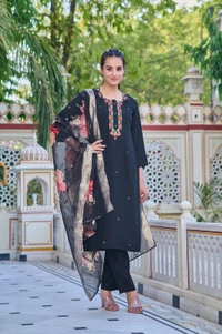 99 Fashion Bazaar Straight Kurti Set in Chanderi with Embroidery Neck Yoke and Printed Dupatta.  - Black, XL