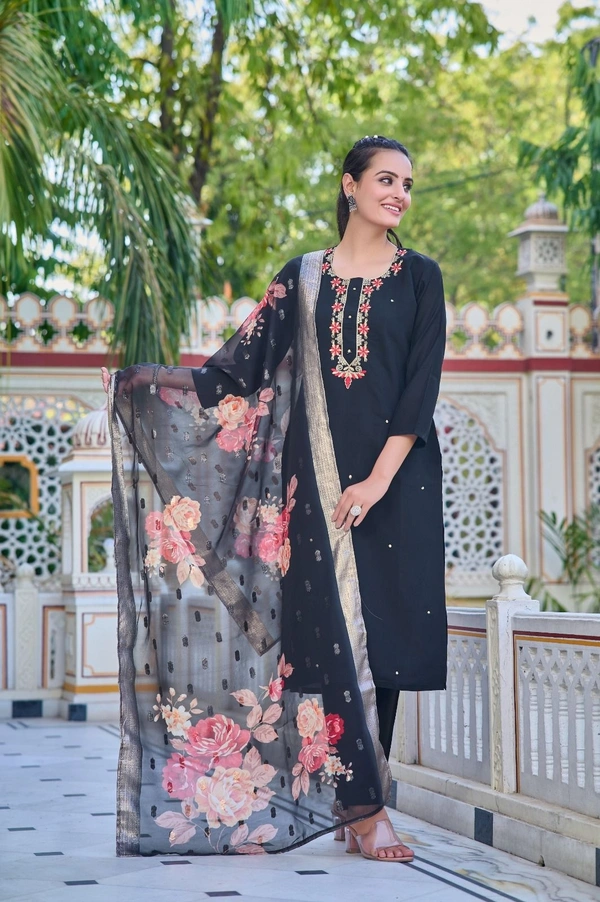 99 Fashion Bazaar Straight Kurti Set in Chanderi with Embroidery Neck Yoke and Printed Dupatta.  - Black, XL