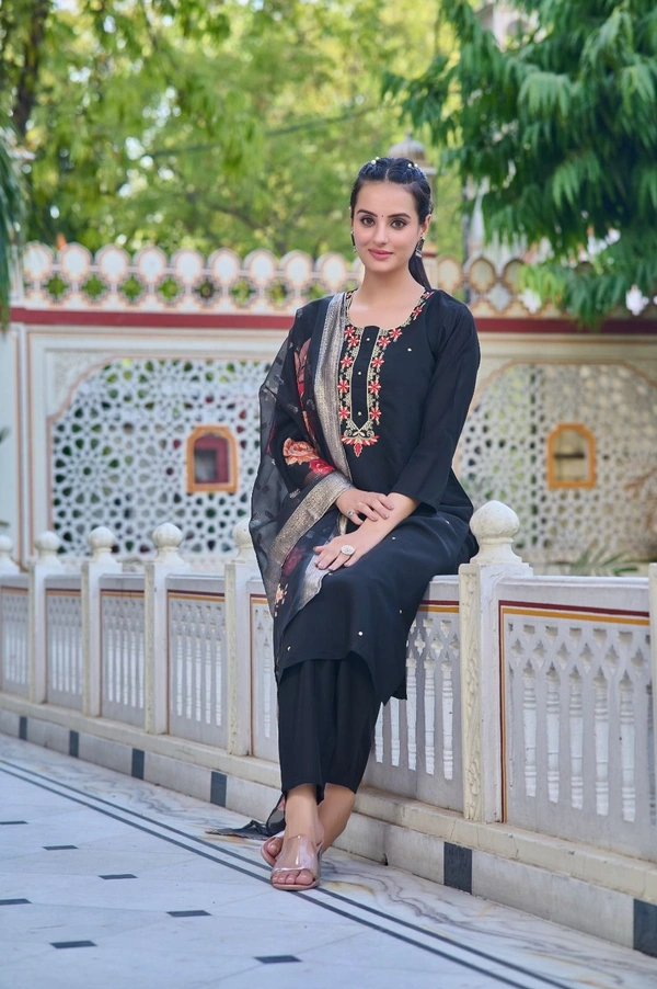 99 Fashion Bazaar Straight Kurti Set in Chanderi with Embroidery Neck Yoke and Printed Dupatta.  - Black, XL