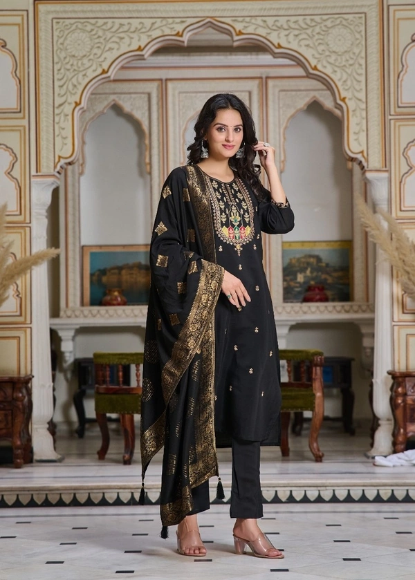 99 Fashion Bazaar Straight Kurti Set in Chanderi with Embroidery Neck Yoke and Dupatta.  - Black, L