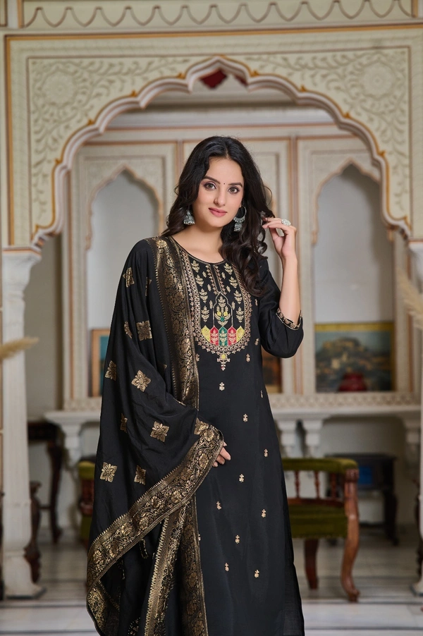 99 Fashion Bazaar Straight Kurti Set in Chanderi with Embroidery Neck Yoke and Dupatta.  - Black, L