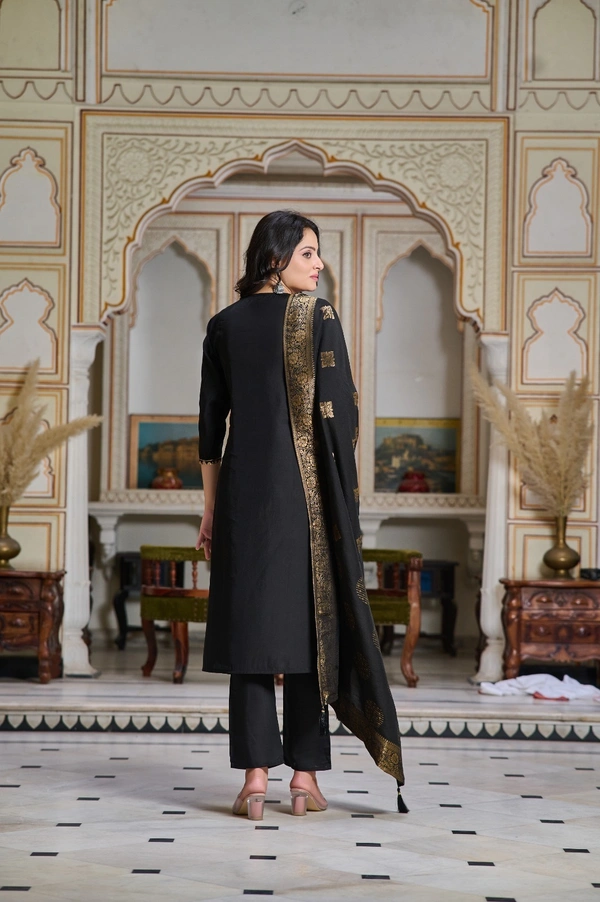 99 Fashion Bazaar Straight Kurti Set in Chanderi with Embroidery Neck Yoke and Dupatta.  - Black, L