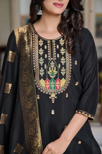 99 Fashion Bazaar Straight Kurti Set in Chanderi with Embroidery Neck Yoke and Dupatta.  - Black, L