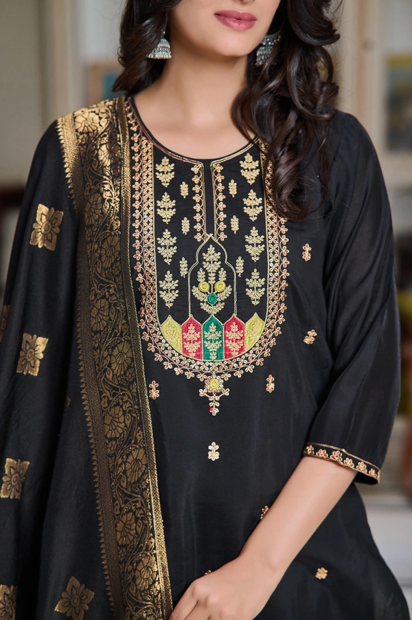 99 Fashion Bazaar Straight Kurti Set in Chanderi with Embroidery Neck Yoke and Dupatta.  - Black, L