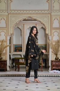 99 Fashion Bazaar Straight Kurti Set in Chanderi with Embroidery Neck Yoke and Dupatta.  - Black, L