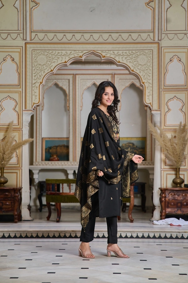 99 Fashion Bazaar Straight Kurti Set in Chanderi with Embroidery Neck Yoke and Dupatta.  - Black, L