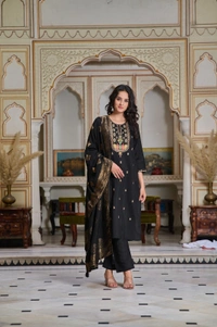 99 Fashion Bazaar Straight Kurti Set in Chanderi with Embroidery Neck Yoke and Dupatta.  - Black, L