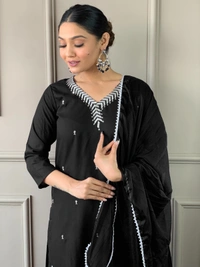 99 Fashion Bazaar Emborierded Kurti Set in Rayon with Embroidery Neck Yoke and Dupatta.  - Black, XL