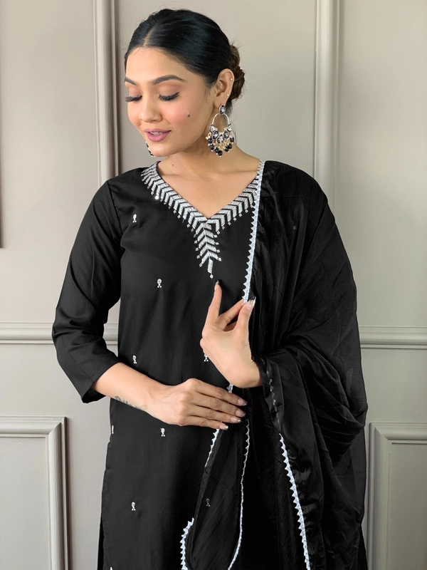 99 Fashion Bazaar Emborierded Kurti Set in Rayon with Embroidery Neck Yoke and Dupatta.  - Black, XL