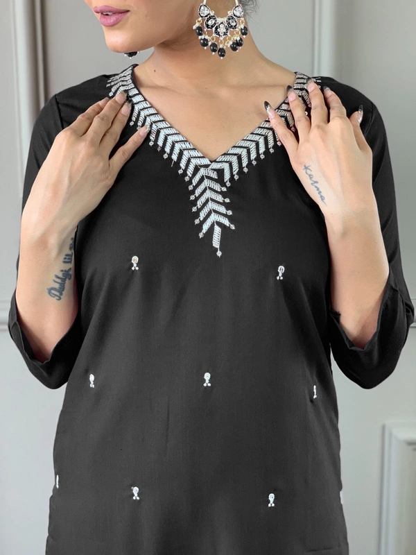 99 Fashion Bazaar Emborierded Kurti Set in Rayon with Embroidery Neck Yoke and Dupatta.  - Black, XXL