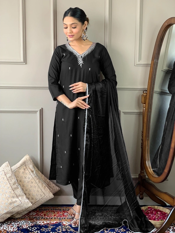 99 Fashion Bazaar Emborierded Kurti Set in Rayon with Embroidery Neck Yoke and Dupatta.  - Black, S