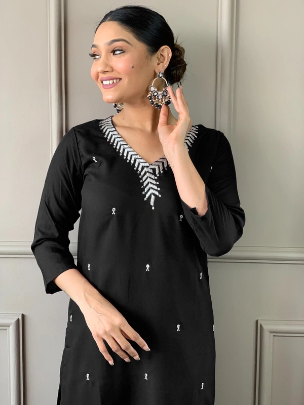 99 Fashion Bazaar Emborierded Kurti Set in Rayon with Embroidery Neck Yoke and Dupatta.  - Black, M