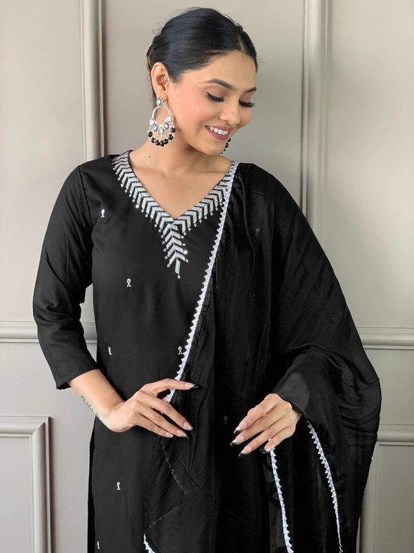 99 Fashion Bazaar Emborierded Kurti Set in Rayon with Embroidery Neck Yoke and Dupatta.  - Black, M
