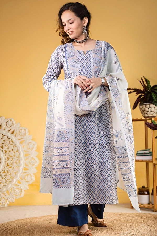 99 Fashion Bazaar  Kurta Set with Dupatta in Pure Soft Cotton Fabric  - Cornflower Blue, M