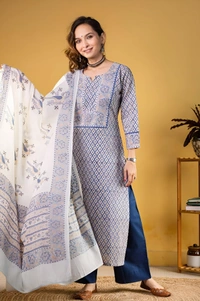 99 Fashion Bazaar  Kurta Set with Dupatta in Pure Soft Cotton Fabric  - Cornflower Blue, S