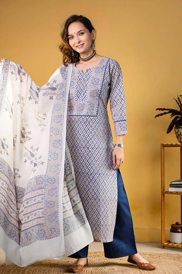 99 Fashion Bazaar  Kurta Set with Dupatta in Pure Soft Cotton Fabric  - Cornflower Blue, S