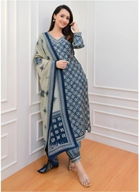 99 Fashion Bazaar Straight Kurti Set with Dupatta In Pure Cotton Fabric  - L