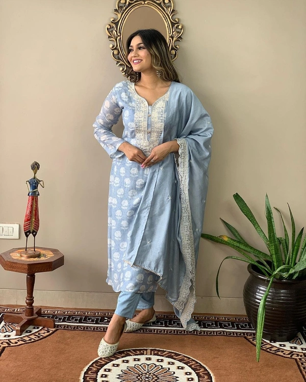 99 Fashion Bazaar Straight Kurti Set in Viscose Maslin with Embroidery Neck Yoke and Lace Dupatta.  - Picton Blue, XXL