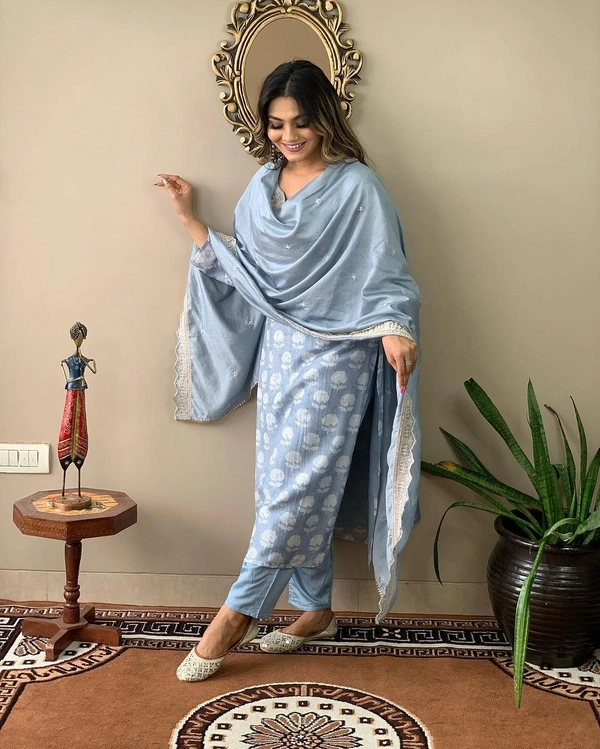 99 Fashion Bazaar Straight Kurti Set in Viscose Maslin with Embroidery Neck Yoke and Lace Dupatta.  - Picton Blue, XXL