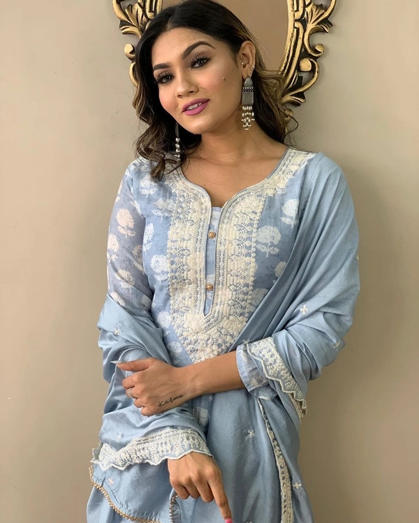 99 Fashion Bazaar Straight Kurti Set in Viscose Maslin with Embroidery Neck Yoke and Lace Dupatta.  - Picton Blue, XXL