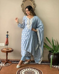 99 Fashion Bazaar Straight Kurti Set in Viscose Maslin with Embroidery Neck Yoke and Lace Dupatta.  - Picton Blue, XXL
