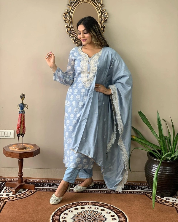 99 Fashion Bazaar Straight Kurti Set in Viscose Maslin with Embroidery Neck Yoke and Lace Dupatta.  - Picton Blue, XXL