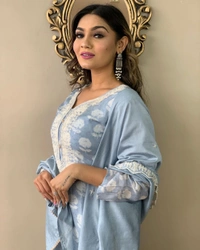 99 Fashion Bazaar Straight Kurti Set in Viscose Maslin with Embroidery Neck Yoke and Lace Dupatta.  - Picton Blue, XXL