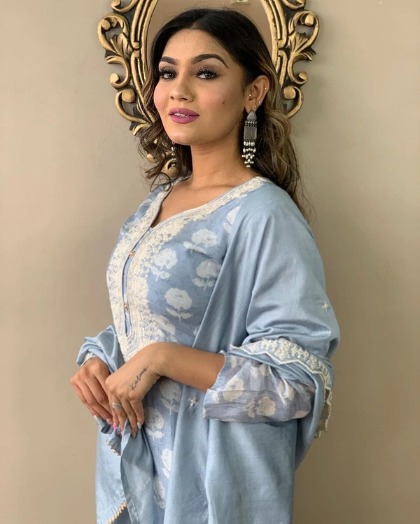 99 Fashion Bazaar Straight Kurti Set in Viscose Maslin with Embroidery Neck Yoke and Lace Dupatta.  - Picton Blue, XXL