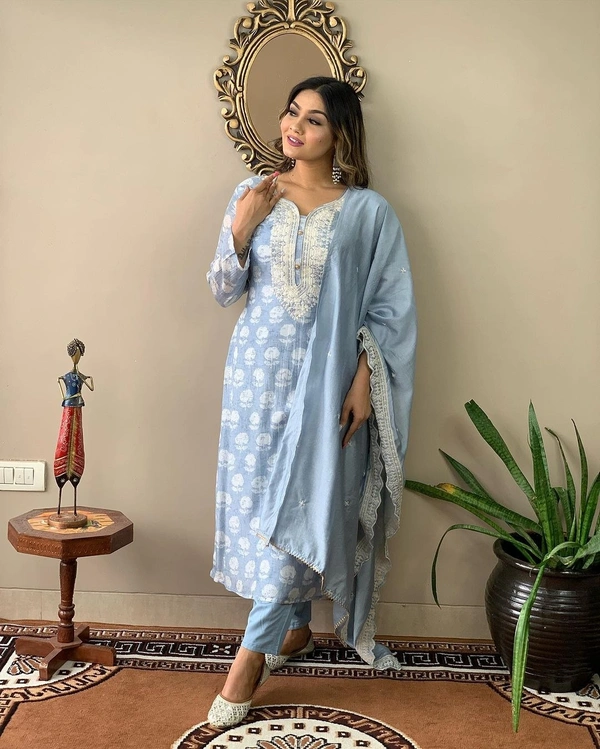 99 Fashion Bazaar Straight Kurti Set in Viscose Maslin with Embroidery Neck Yoke and Lace Dupatta.  - Picton Blue, XXL