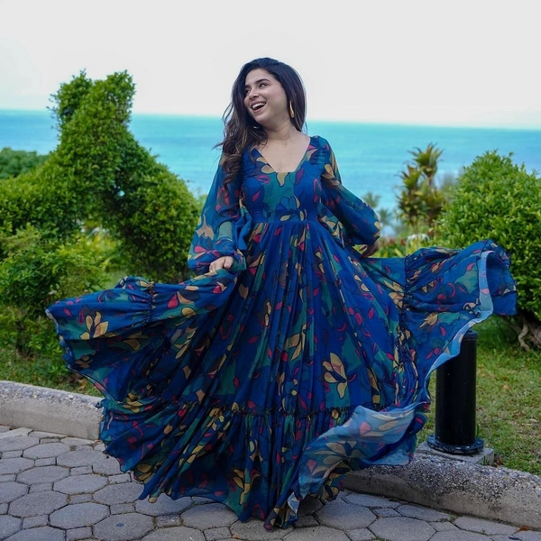 99 Fashion Bazaar Women's Full Flaired Gown For Party Wear  in Printed Georgette.  - Indigo, XXL