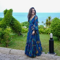 99 Fashion Bazaar Women's Full Flaired Gown For Party Wear  in Printed Georgette.  - Indigo, XXL