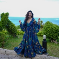 99 Fashion Bazaar Women's Full Flaired Gown For Party Wear  in Printed Georgette.  - Indigo, XXL