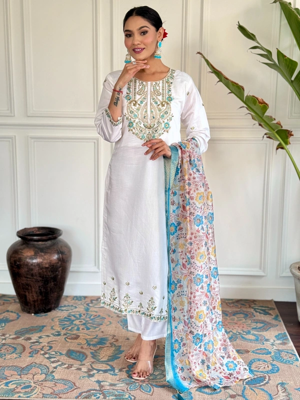 99 Fashion Bazaar Straight Kurti Emboridery Set in Viscose Chanderi Fabric with Printed Dupatta.  - Cornflower Blue, M