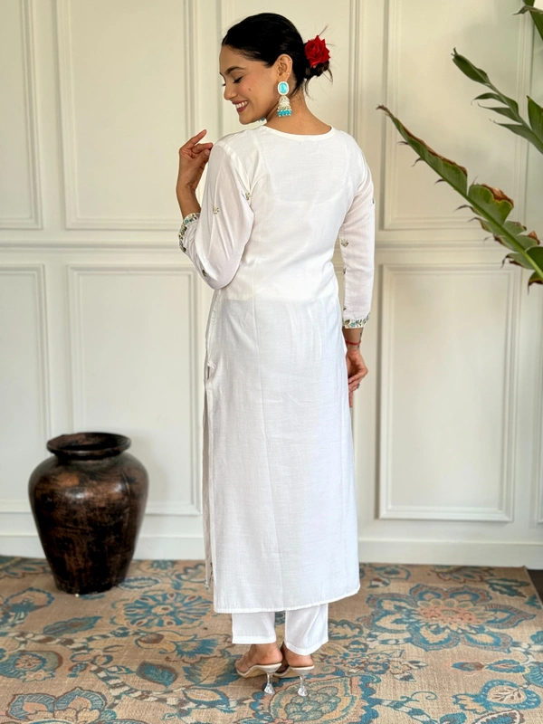 99 Fashion Bazaar Straight Kurti Emboridery Set in Viscose Chanderi Fabric with Printed Dupatta.  - Cornflower Blue, M