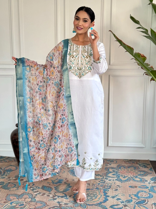 99 Fashion Bazaar Straight Kurti Emboridery Set in Viscose Chanderi Fabric with Printed Dupatta.  - Cornflower Blue, M