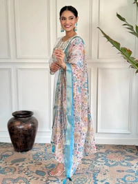 99 Fashion Bazaar Straight Kurti Emboridery Set in Viscose Chanderi Fabric with Printed Dupatta.  - Cornflower Blue, M