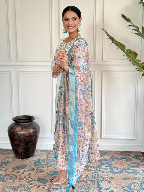 99 Fashion Bazaar Straight Kurti Emboridery Set in Viscose Chanderi Fabric with Printed Dupatta.  - Cornflower Blue, M