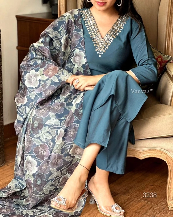 99 Fashion Bazaar Straight Kurti Emboridery Set in Viscose Chanderi Fabric with Printed Dupatta.  - Genoa, XXL