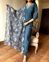 99 Fashion Bazaar Straight Kurti Emboridery Set in Viscose Chanderi Fabric with Printed Dupatta.  - Genoa, XXL