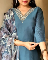 99 Fashion Bazaar Straight Kurti Emboridery Set in Viscose Chanderi Fabric with Printed Dupatta.  - Genoa, XXL