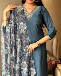 99 Fashion Bazaar Straight Kurti Emboridery Set in Viscose Chanderi Fabric with Printed Dupatta.  - Genoa, XXL