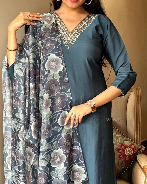 99 Fashion Bazaar Straight Kurti Emboridery Set in Viscose Chanderi Fabric with Printed Dupatta.  - Genoa, XXL