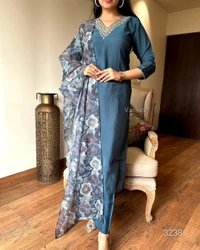 99 Fashion Bazaar Straight Kurti Emboridery Set in Viscose Chanderi Fabric with Printed Dupatta.  - Genoa, XXL