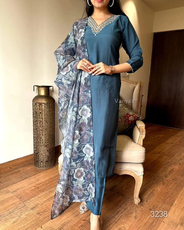 99 Fashion Bazaar Straight Kurti Emboridery Set in Viscose Chanderi Fabric with Printed Dupatta.  - Genoa, XXL