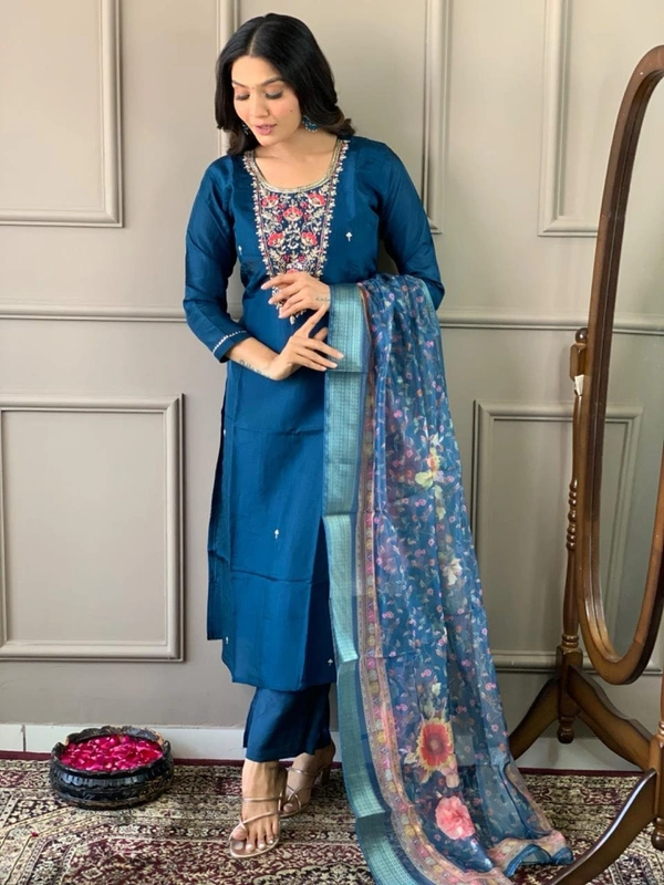 99 Fashion Bazaar Straight Emboridery Kurti Set in Viscose Chanderi Fabric with Printed Dupatta.  - Royal Blue, XXL