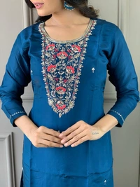 99 Fashion Bazaar Straight Emboridery Kurti Set in Viscose Chanderi Fabric with Printed Dupatta.  - Royal Blue, XXL